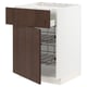 Modern white kitchen cabinet with dark brown wood grain drawer, featuring metal shelves and slow-close drawers.