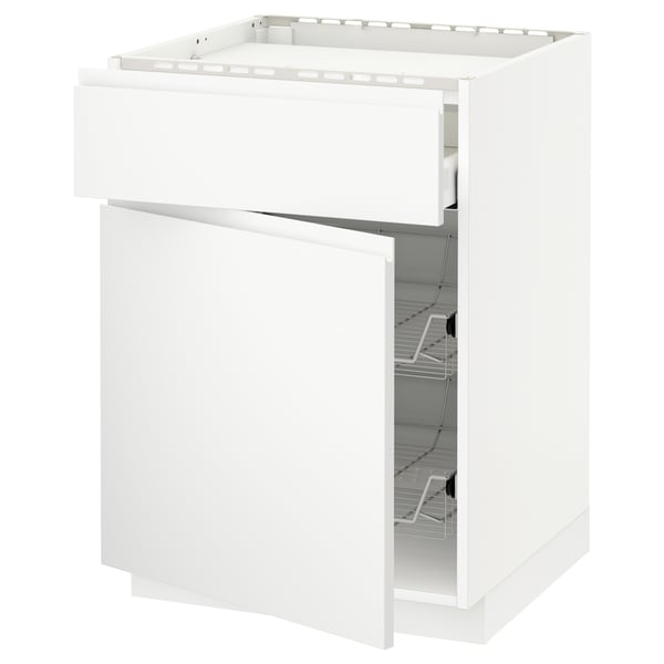 White METOD kitchen unit with open drawer, minimalist design.