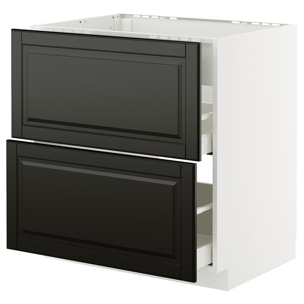 Modern black METOD kitchen unit with bevelled edges and white frame, featuring two drawers.