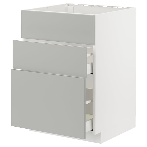 Modern grey METOD kitchen cabinet with three open drawers, rectangular shape, sleek design.