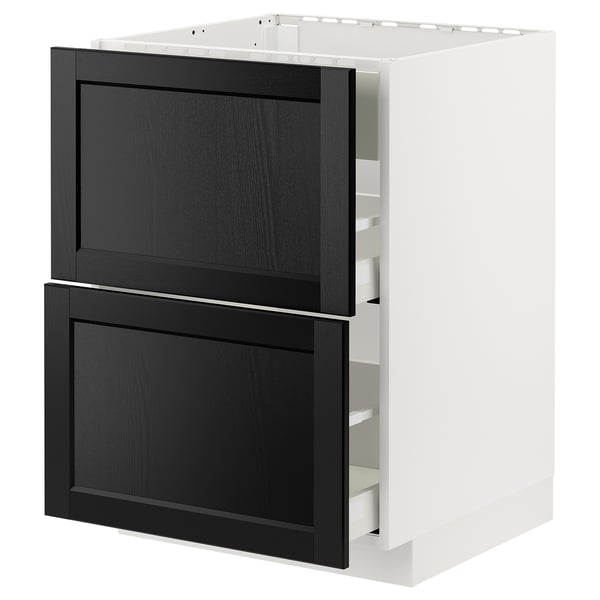 Image shows a white METOD kitchen cabinet with black stained wooden drawers, featuring bevelled edges and smooth-running drawers.