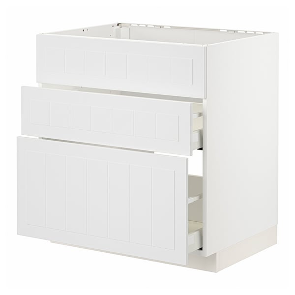 METOD white cabinet, boxy shape with three drawer fronts, smooth design.