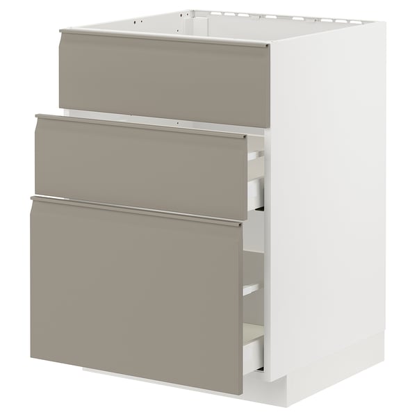 Modern kitchen unit, METOD. White with grey-beige drawers. Three drawers, sleek handles.