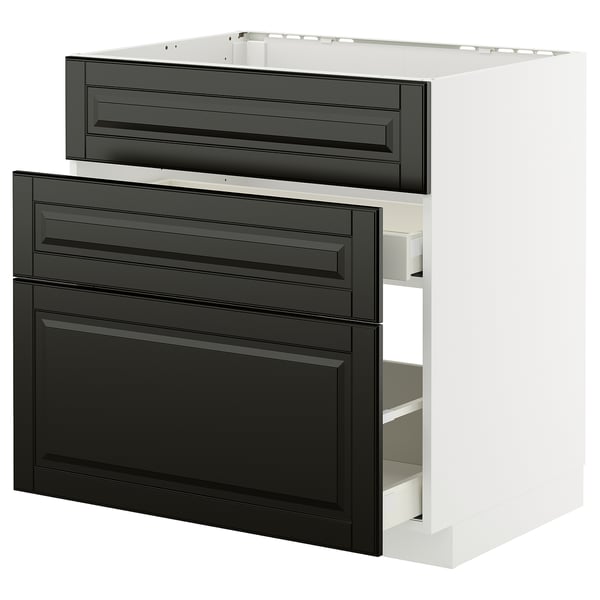 Black bevelled drawer fronts on white METOD kitchen cabinet.