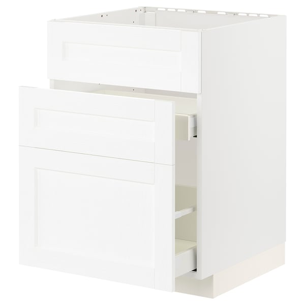 White METOD kitchen cabinet with drawer open.