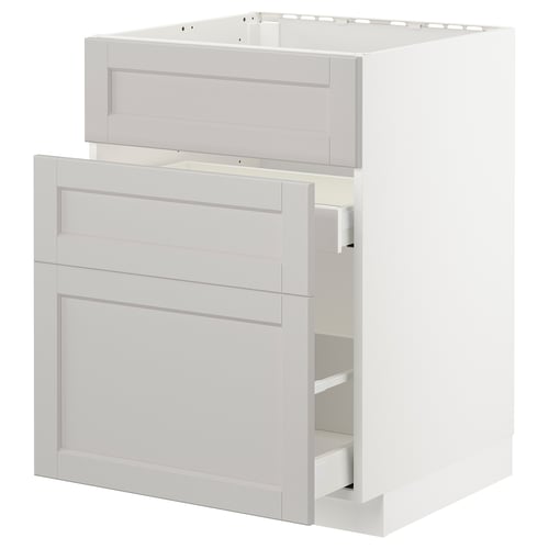 White METOD kitchen unit with bevelled light grey lerhyttan drawer fronts.