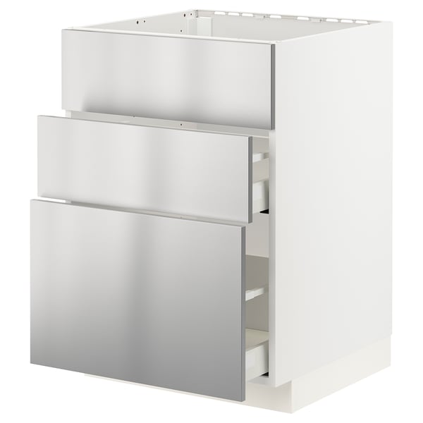 This image shows a white METOD kitchen cabinet with three stainless steel drawers.