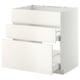 METOD white kitchen cabinet with smooth veddinge fronts, three drawers open.