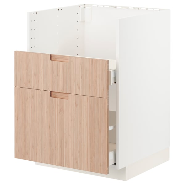 Modern kitchen cabinet with light bamboo drawers and white frame.