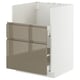 Modern white cabinet with dark grey-brown shiny drawers, sleek handles.