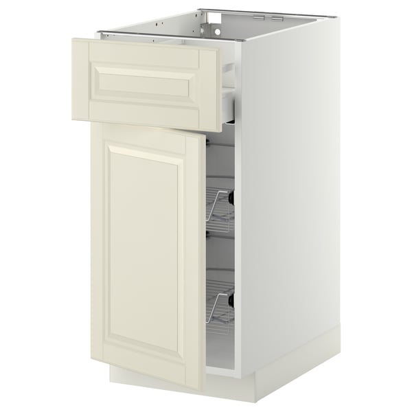 A white METOD kitchen cabinet with a drawer and door, bevelled edges in off-white.