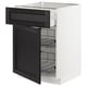 Modern white and black kitchen cabinet with one open drawer and two wire shelves.