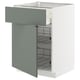 Modern kitchen cabinet with grey-green drawers, 3 wire baskets, white frame, sleek design.