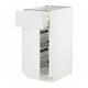 A white METOD kitchen cabinet with a single open drawer and multiple wire baskets.