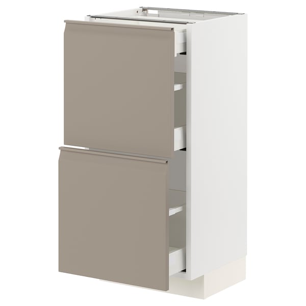 Modern kitchen unit, upplöv matte grey-beige, steel drawers, two drawer fronts, integrated handles, rectangular shape.