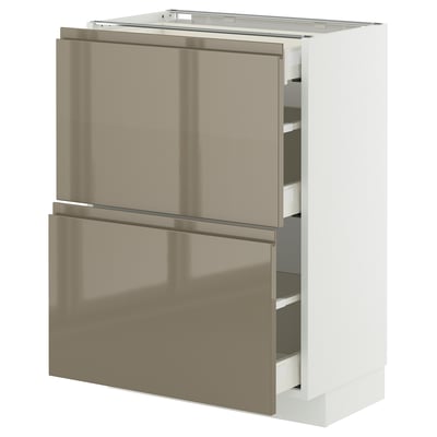 Modern kitchen cabinet in beige and white, featuring sleek drawers with integrated handles.