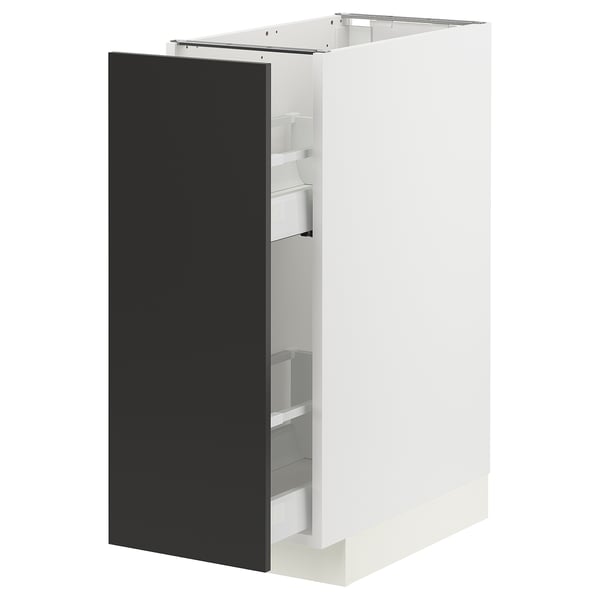 White and black METOD kitchen cabinet with pull-out shelves.