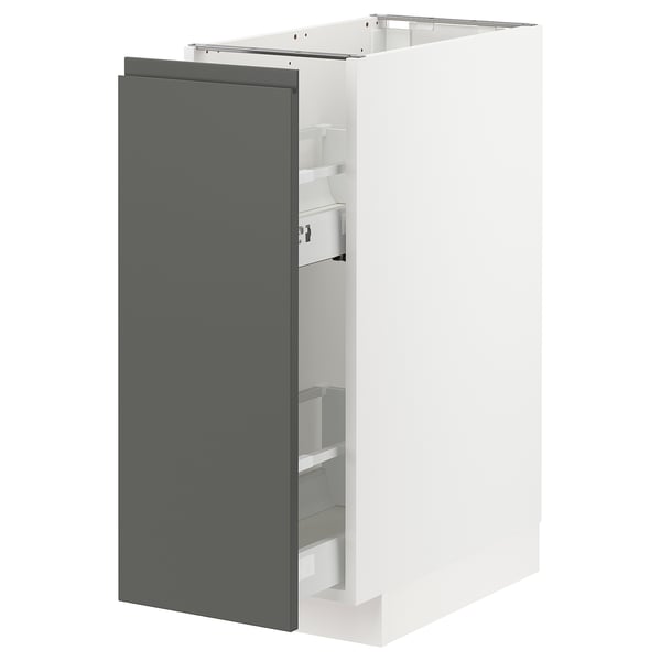 A grey ikea METOD kitchen cabinet with a modern design, open to reveal its pull-out shelves.