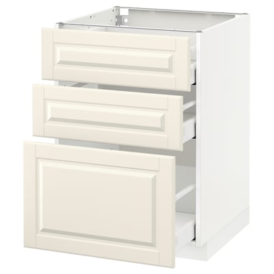 White kitchen unit: METOD with beveled drawers & doors, 3 drawer design, soft-close drawers.
