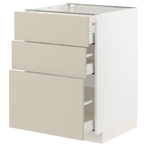 An ikea METOD kitchen cabinet with beige havstorp drawers, a clean and smooth design, equipped with self-closing drawers.