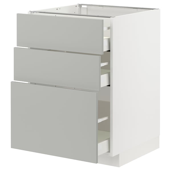 A white METOD kitchen cabinet with three light grey drawers. The cabinet is modern, rectangular, and has a clean design.