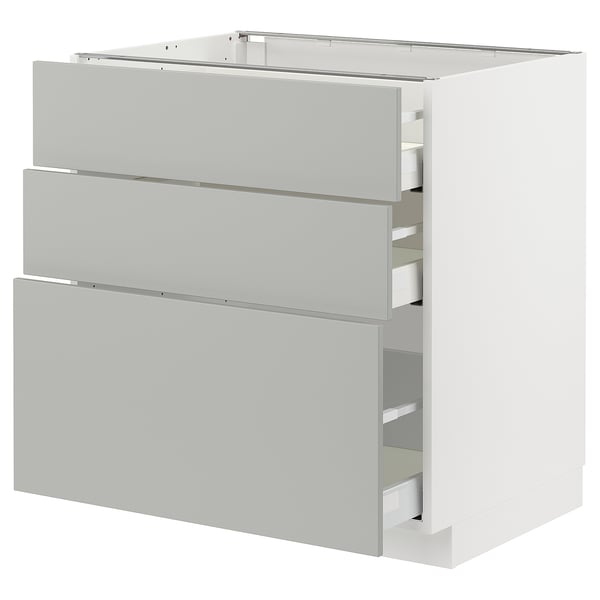 Modern light grey kitchen cabinet with three drawers and sleek design.