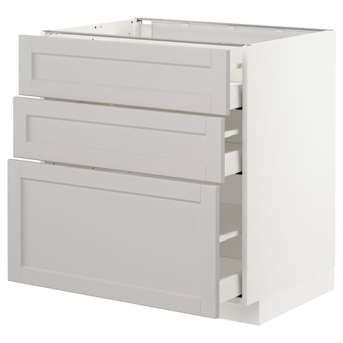 Modern white kitchen unit with three drawers, light grey, bevelled edges, sturdy design.