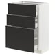 A white ikea METOD kitchen cabinet with three black drawers. The modern design sleek drawers that slide open smoothly.