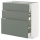 Modern kitchen cabinet with three grey-green drawers, sleek design, made of particleboard and plastic edging.