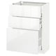 Glass-topped white cabinet with three high-gloss drawers, modern design for kitchen storage.