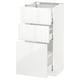METOD white high-gloss kitchen cabinet with multiple drawers.