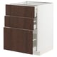 A white METOD kitchen cabinet with three dark brown wooden drawers. It a modern design with sleek, sturdy lines.
