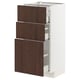 Modern kitchen unit: METOD with dark brown sinarp drawers, oak veneer, white base, three drawers.
