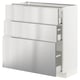A white modern kitchen unit with three stainless steel drawers and a top shelf.