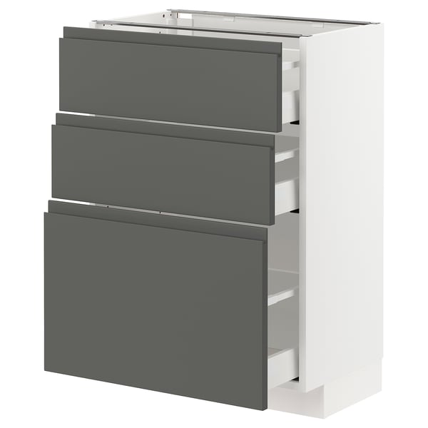 IKEAs METOD kitchen cabinet with 3 dark grey drawers and white frame.