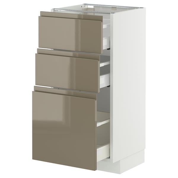 Modern white METOD kitchen cabinet with 3 dark brown glossy drawers, sleek handles.