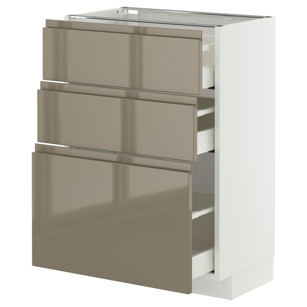 A modern white kitchen cabinet with three dark brown glossy drawers and a shelf on top. It a sleek, contemporary design.