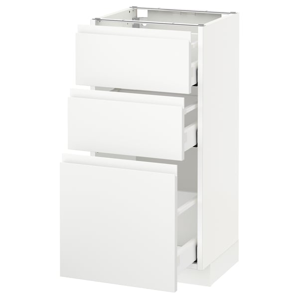 White kitchen cabinet with three drawers, sleek design, modern finish, glossy handles.
