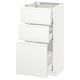 White kitchen cabinet with three drawers, sleek design, modern finish, glossy handles.