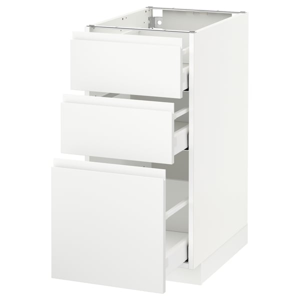 White METOD kitchen unit, 3 drawers, modern minimalist design, smooth finish.