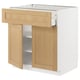 White and oak METOD kitchen cabinet with one open door and drawer showing wooden interior.