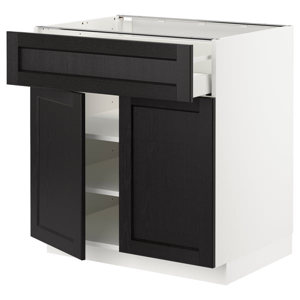 Modern black stained ash kitchen cabinet with white interior, soft close drawer, and adjustable shelves.