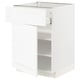 White METOD kitchen unit with open drawer and shelves.