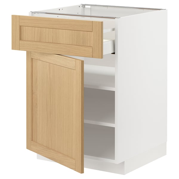 Modern kitchen cabinet, white and light wood, medium drawer open, sleek design.