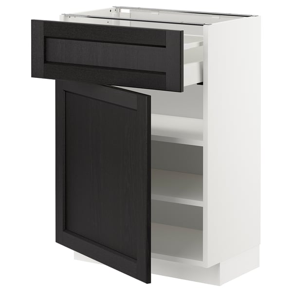 White METOD kitchen unit with black stained lerhyttan drawer and door, bevelled edges.