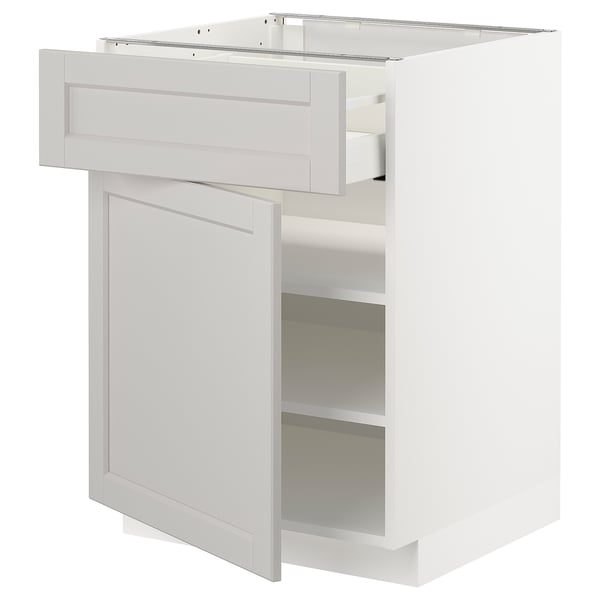 METOD kitchen unit in light grey with drawer and shelves.