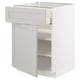 METOD kitchen unit in light grey with drawer and shelves.