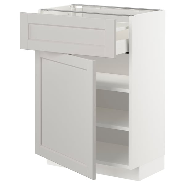 White METOD kitchen unit with drawer and shelves, traditional design.