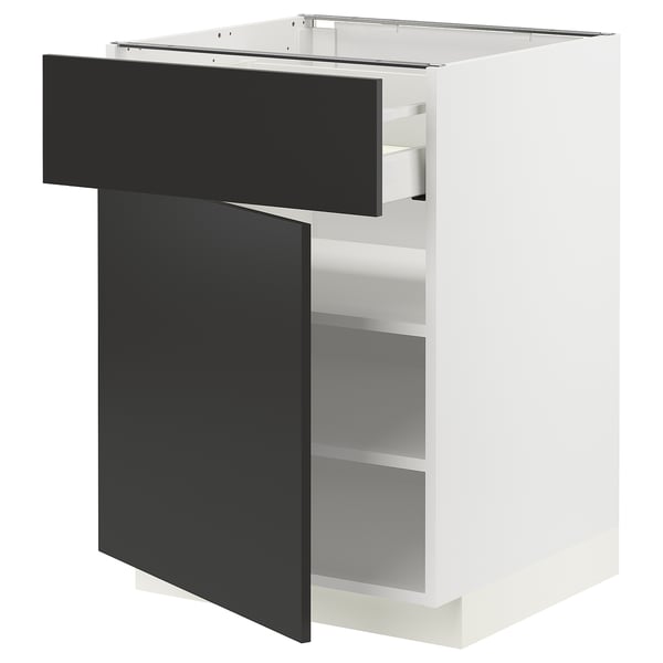 Modern white kitchen cabinet with black drawer and shelves.