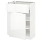 A high-gloss white METOD kitchen cabinet with glass doors and adjustable shelves. It has a sleek, modern look.